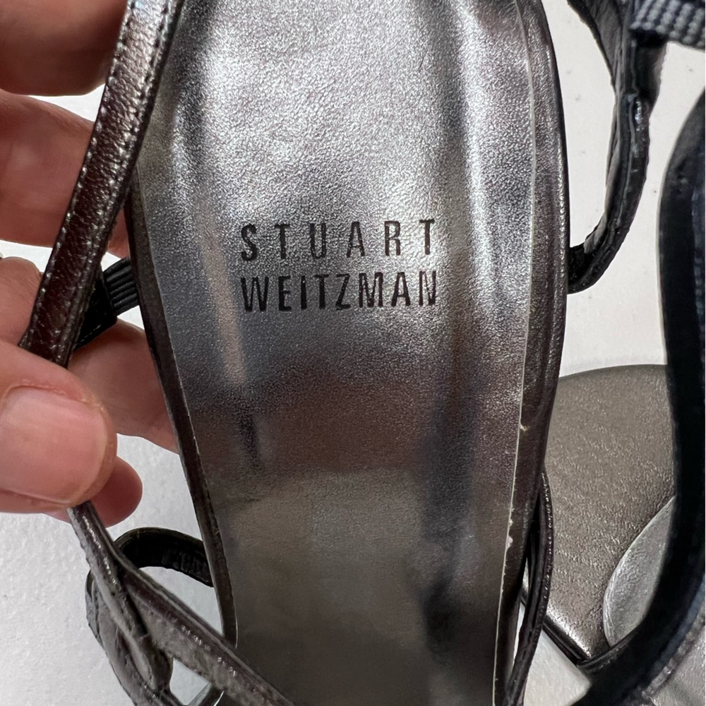 Stuart Weitzman Size 9 Pewter Gunmetal Leather Strappy Sandals Heels - Picture 13 of 15